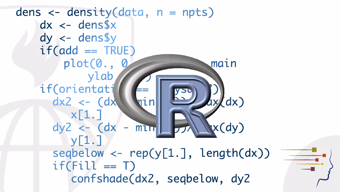 R programming logo over R Studio code snippet for statistical analysis and data visualization.